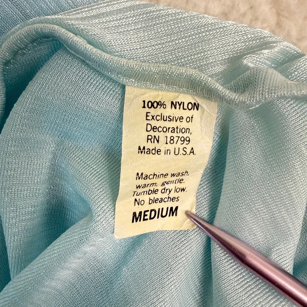 Vintage Nylon Peignoir Set Nightgown Robe Womens Medium Blue Lace Trim Ethereal